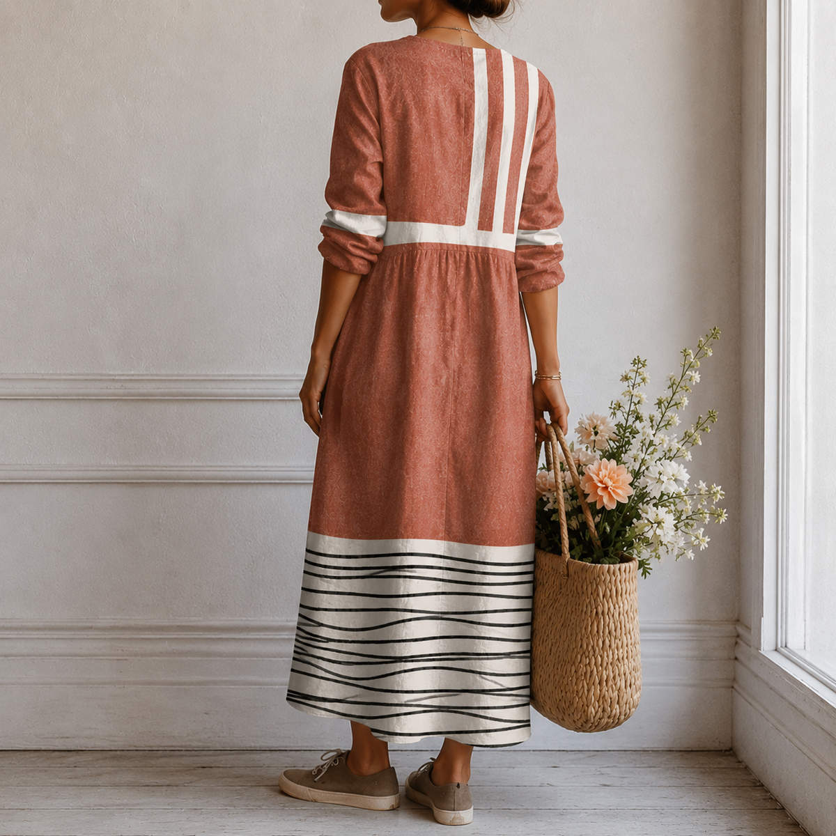 Georgia | Boho Maxi Dress with Colour Blocking in Terracotta