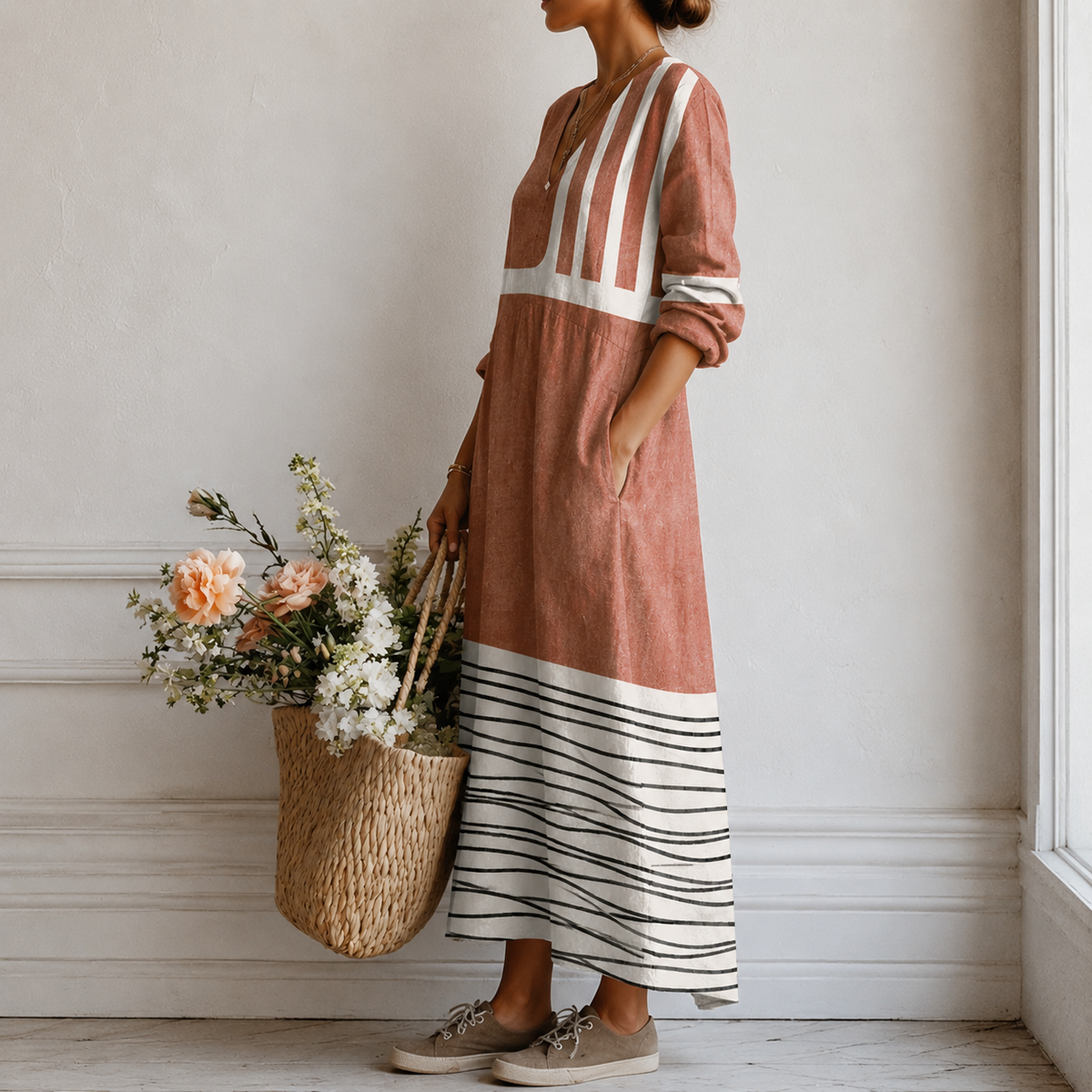 Georgia | Boho Maxi Dress with Colour Blocking in Terracotta