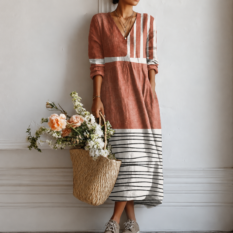 Georgia | Boho Maxi Dress with Colour Blocking in Terracotta