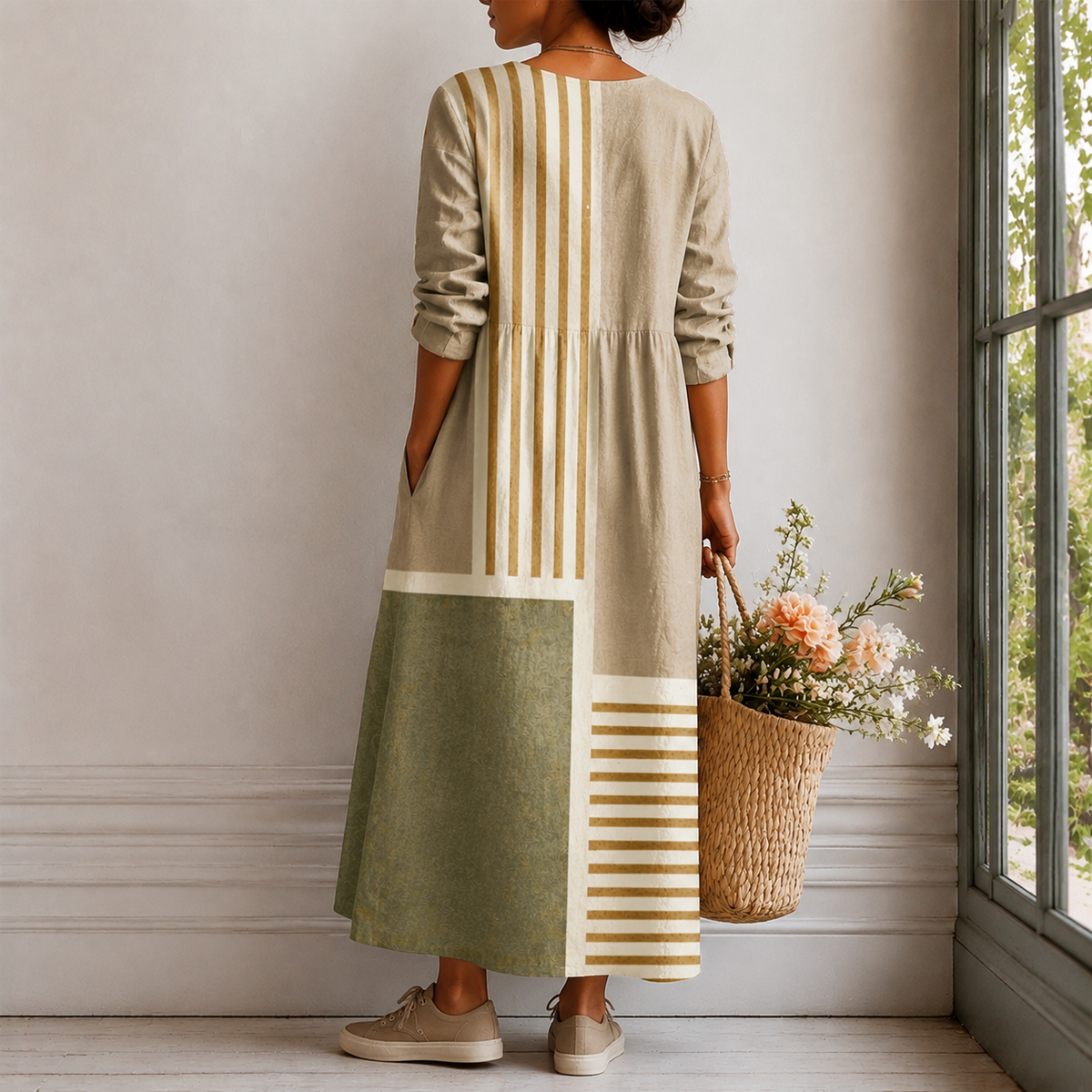 Renee | Boho Maxi Dress with Striped Patchwork in Natural Tones