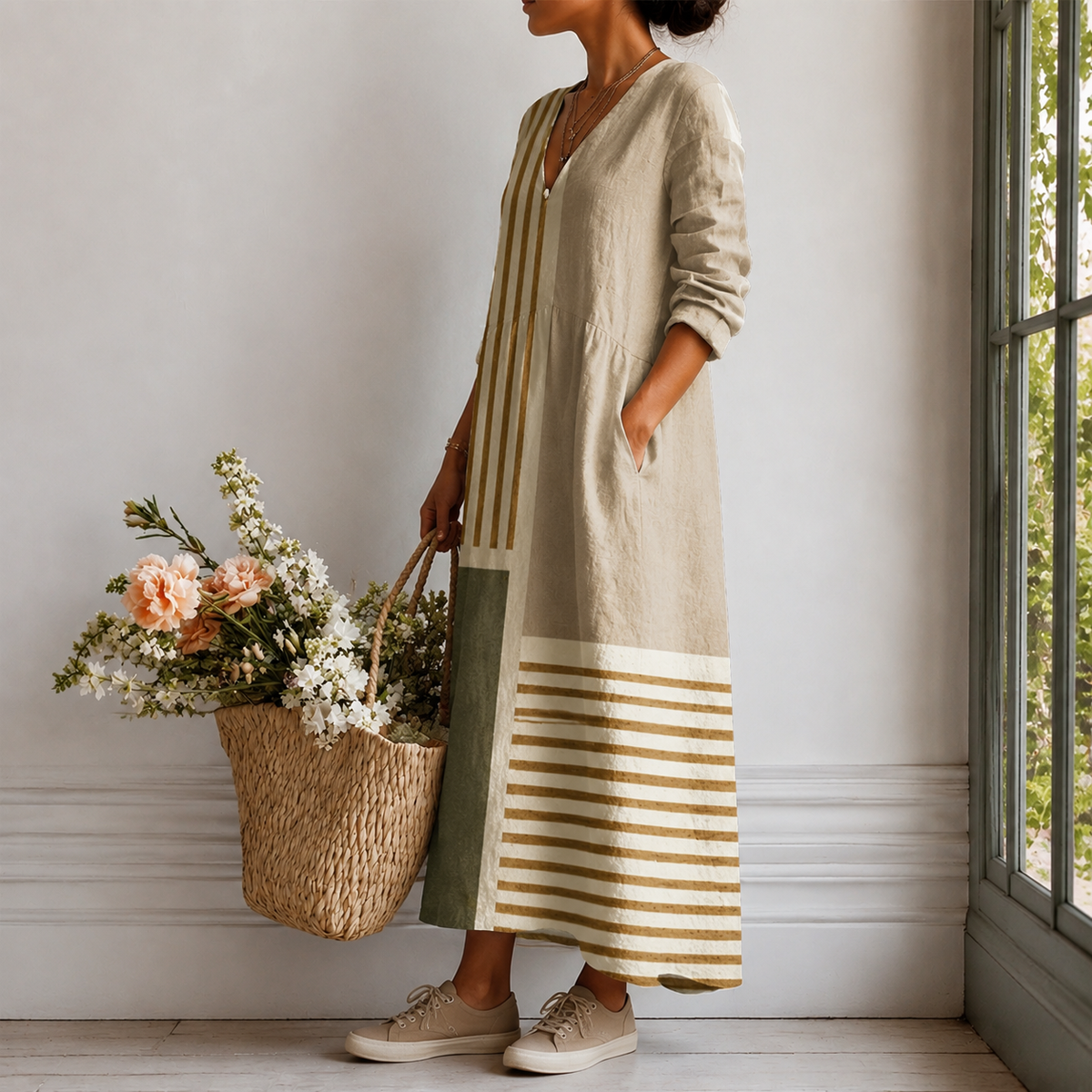 Renee | Boho Maxi Dress with Striped Patchwork in Natural Tones