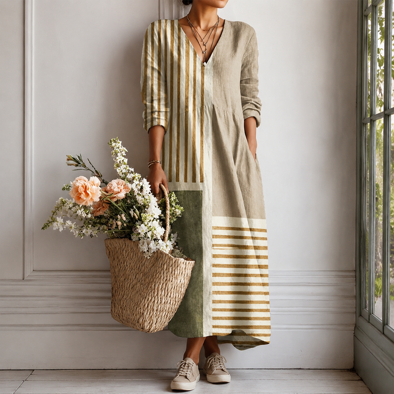 Renee | Boho Maxi Dress with Striped Patchwork in Natural Tones
