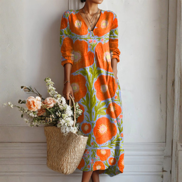 Renee | Boho Maxi Dress with Large Blooms in Orange