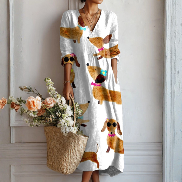 Paige | Boho Maxi Dress with Playful Dachshund Print
