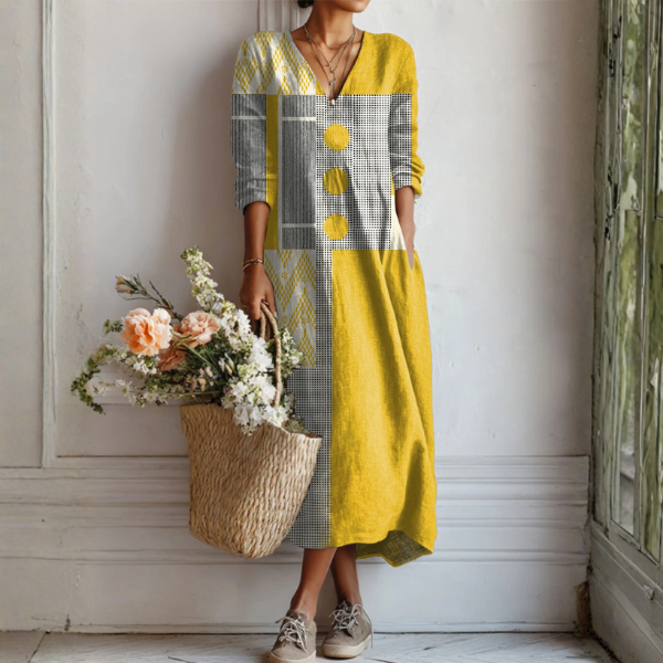 Poppy | Boho Maxi Dress with Patchwork Print in Mustard and Grey