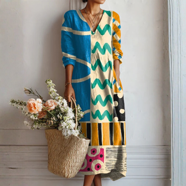 Helen | Boho Maxi Dress with Graphic Print in Blue and Yellow