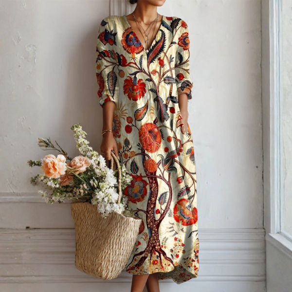 Wendy | Boho Maxi Dress with Floral Vine Print in Cream
