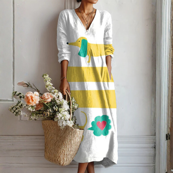 Glenys | Boho Maxi Dress with Stripes and Bird Motif