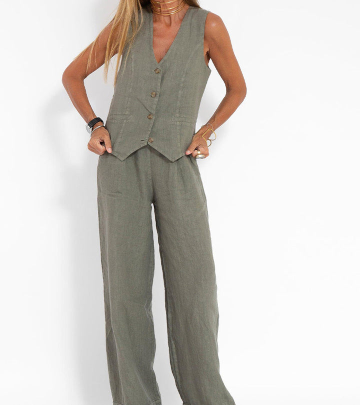 Aira - Button-Up Vest & Wide-Leg Trousers Set