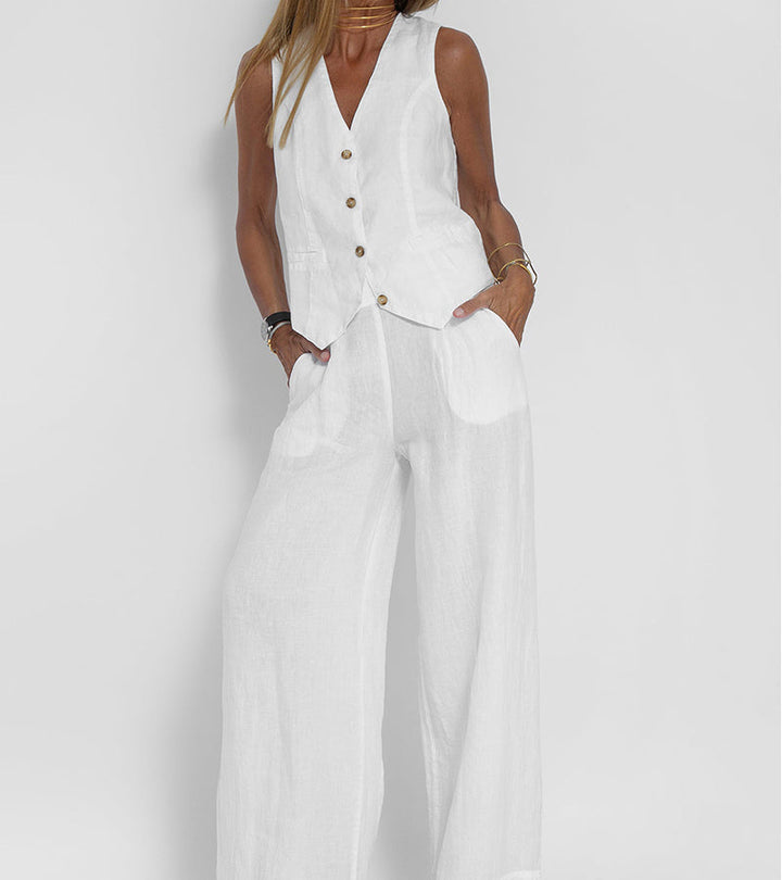 Aira - Button-Up Vest & Wide-Leg Trousers Set