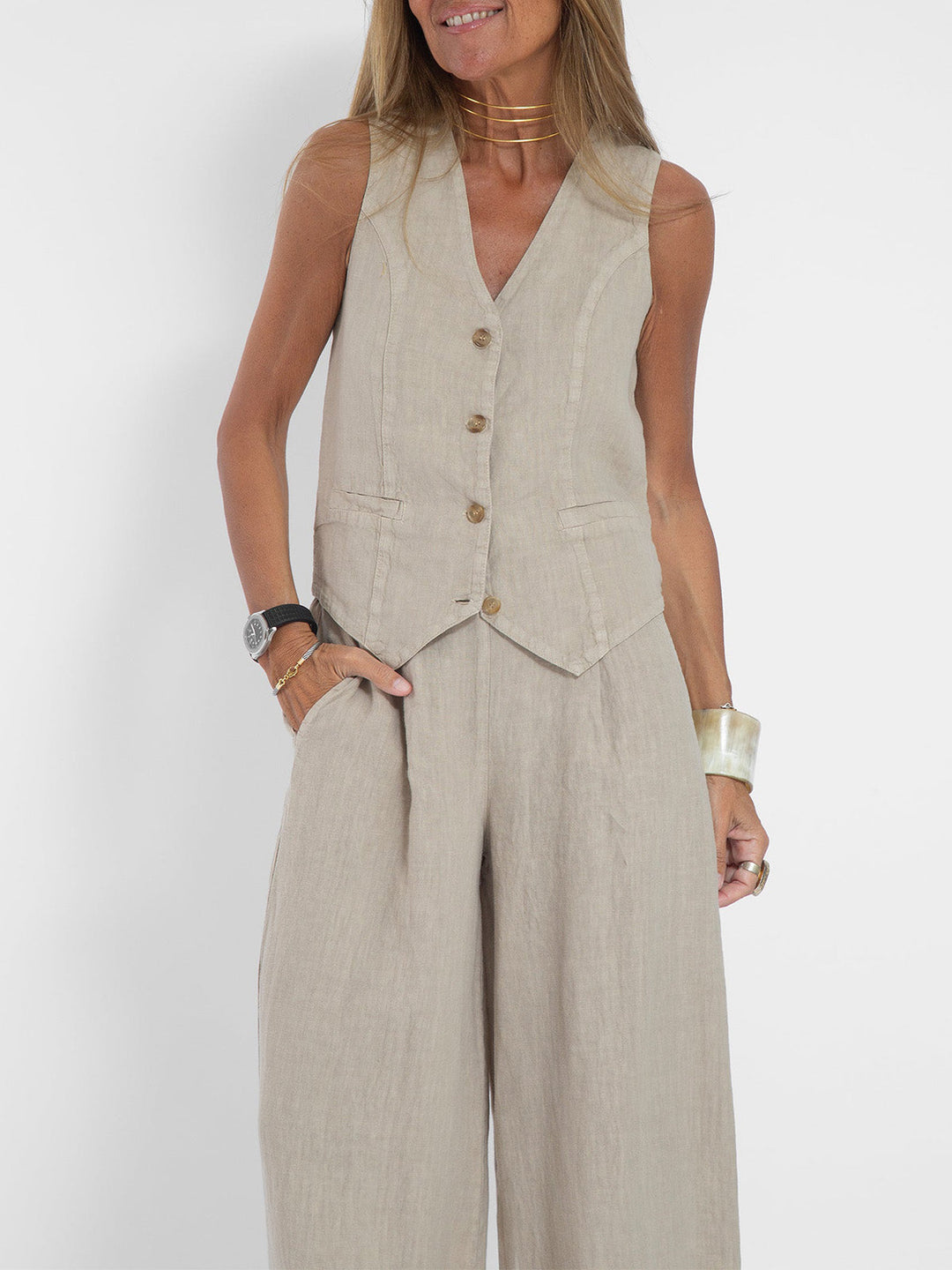 Aira - Button-Up Vest & Wide-Leg Trousers Set
