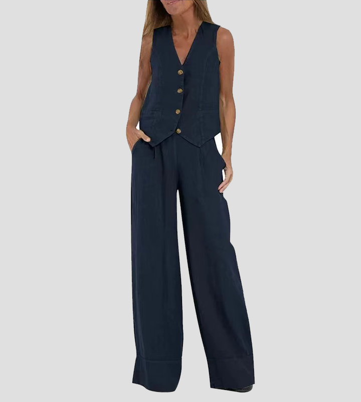 Aira - Button-Up Vest & Wide-Leg Trousers Set