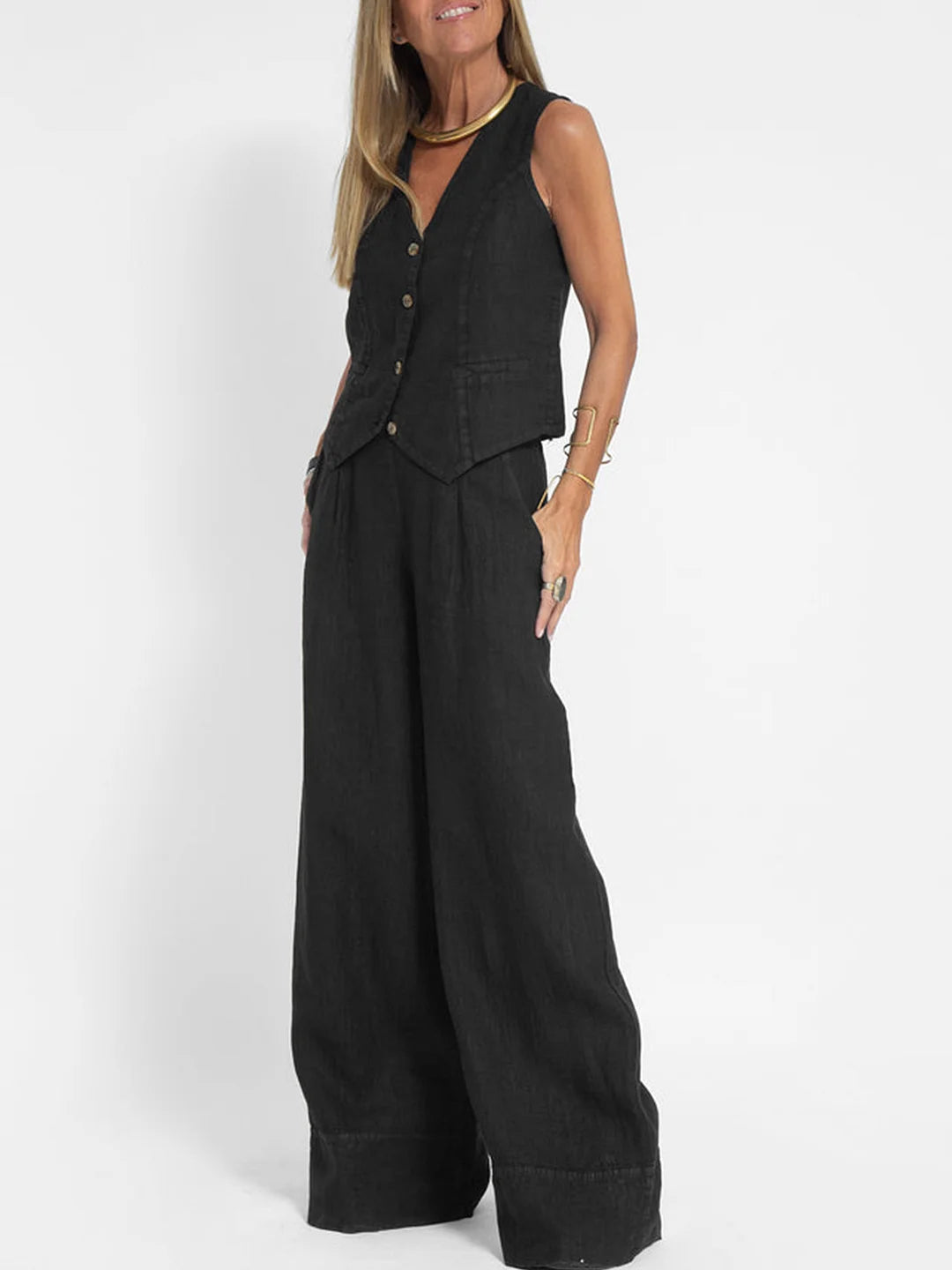 Aira - Button-Up Vest & Wide-Leg Trousers Set