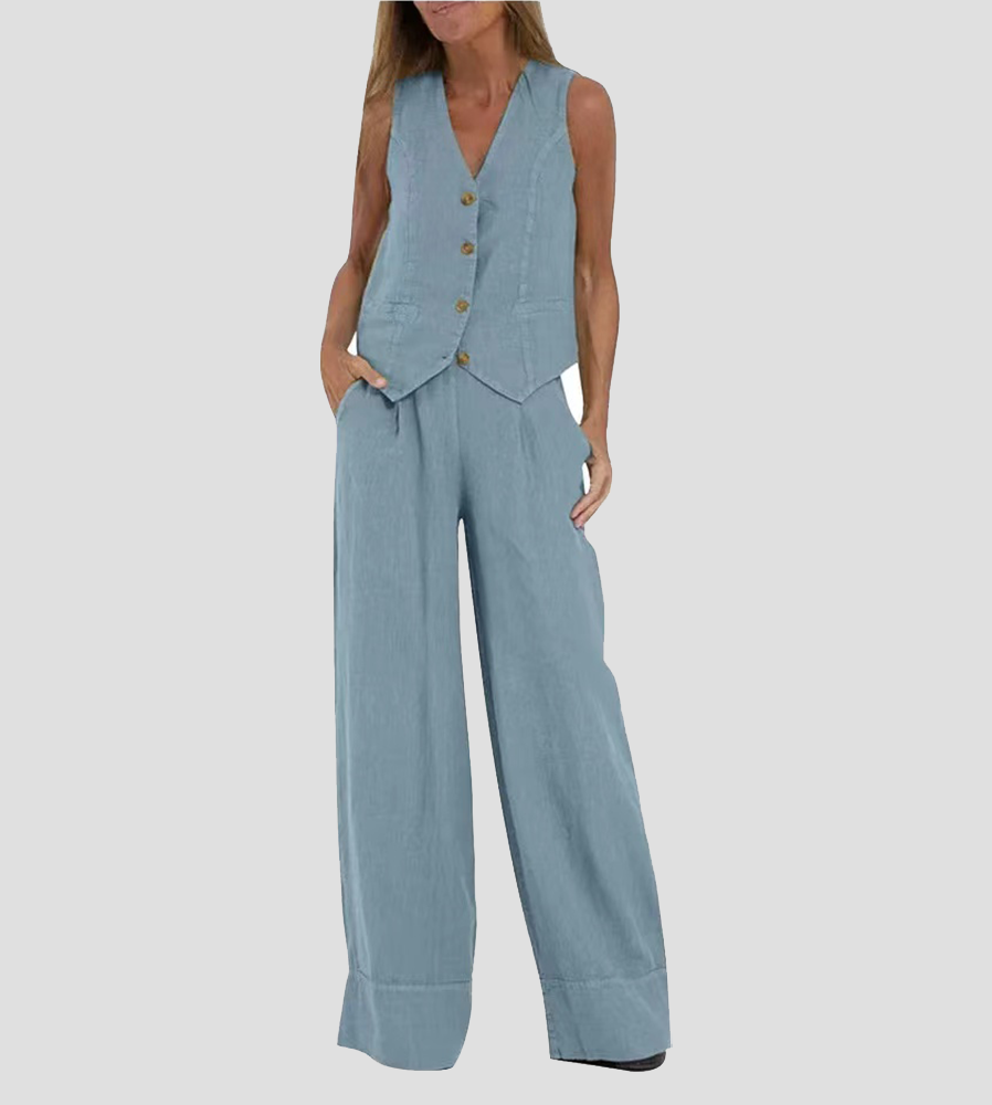 Aira - Button-Up Vest & Wide-Leg Trousers Set