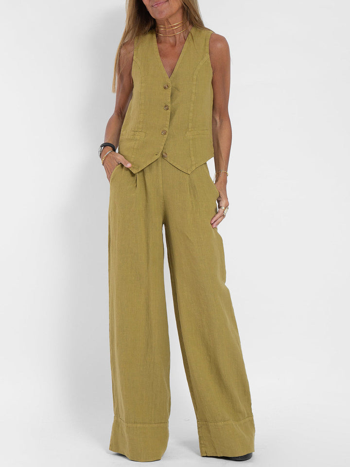 Aira - Button-Up Vest & Wide-Leg Trousers Set